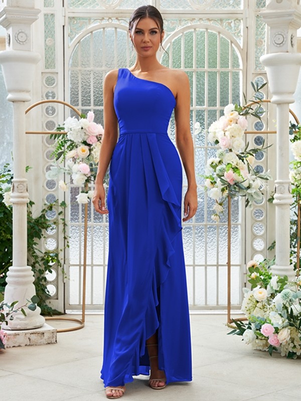 Sheath/Column Chiffon Ruffles One-Shoulder Sleeveless Floor-Length Bridesmaid Dresses 2914