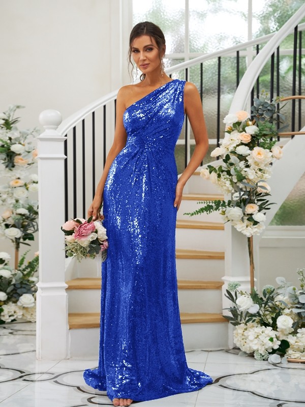 Sheath/Column Sequins Ruched One-Shoulder Sleeveless Sweep/Brush Train Bridesmaid Dresses 3042