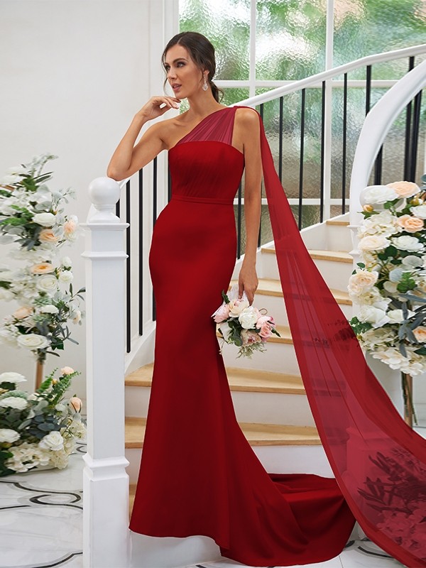 Sheath/Column Stretch Crepe Ruched One-Shoulder Sleeveless Sweep/Brush Train Bridesmaid Dresses 3168