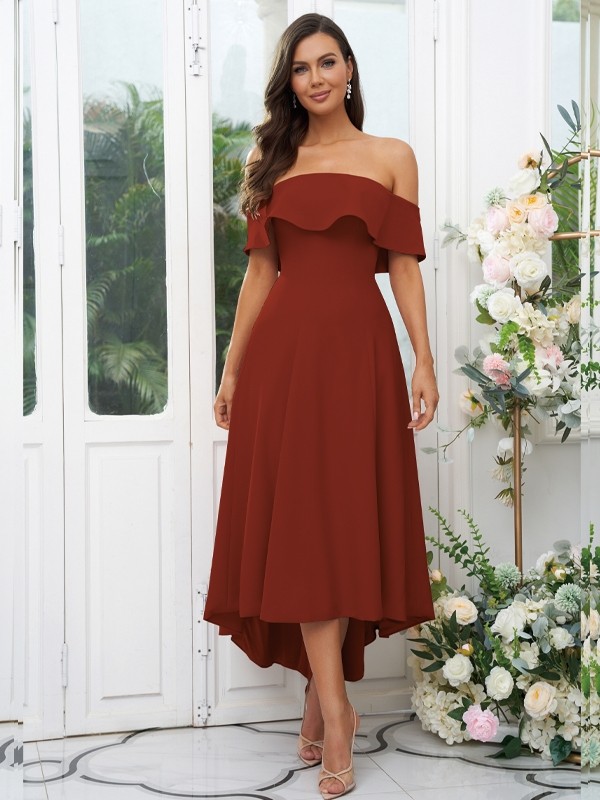 A-Line/Princess Stretch Crepe Ruffles Off-the-Shoulder Sleeveless Asymmetrical Bridesmaid Dresses 2662