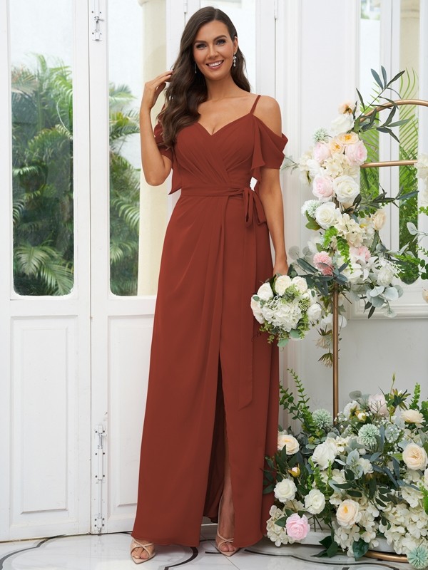 A-Line/Princess Chiffon Ruched V-neck Short Sleeves Floor-Length Bridesmaid Dresses 2171