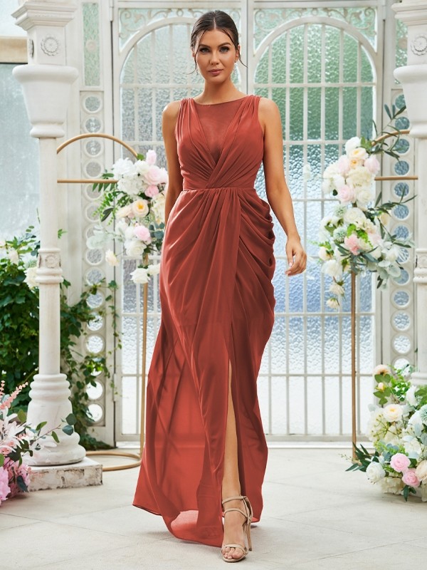 Sheath/Column Chiffon Ruched Scoop Sleeveless Floor-Length Bridesmaid Dresses 2904