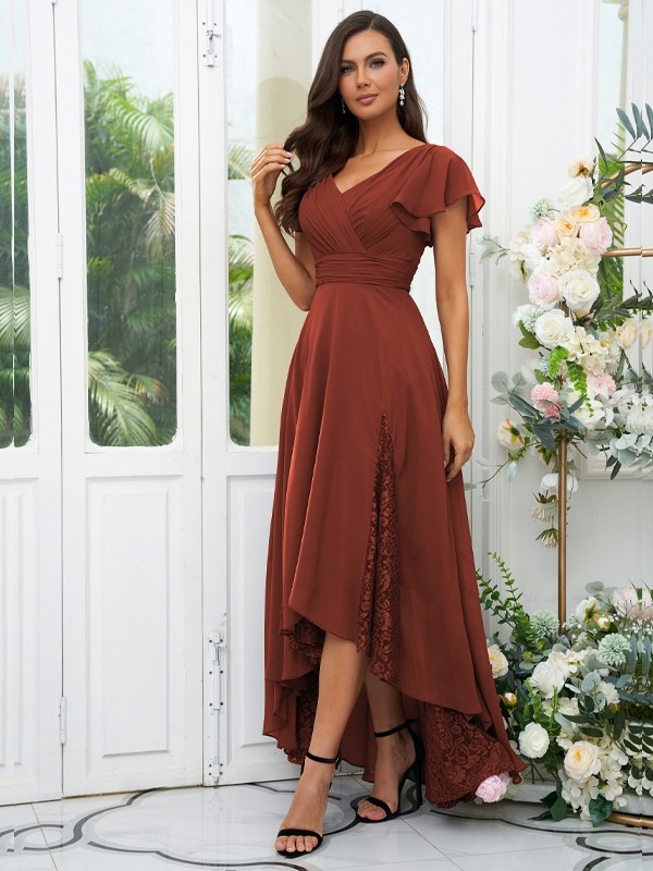 A-Line/Princess Chiffon Lace V-neck Short Sleeves Asymmetrical Bridesmaid Dresses 2151