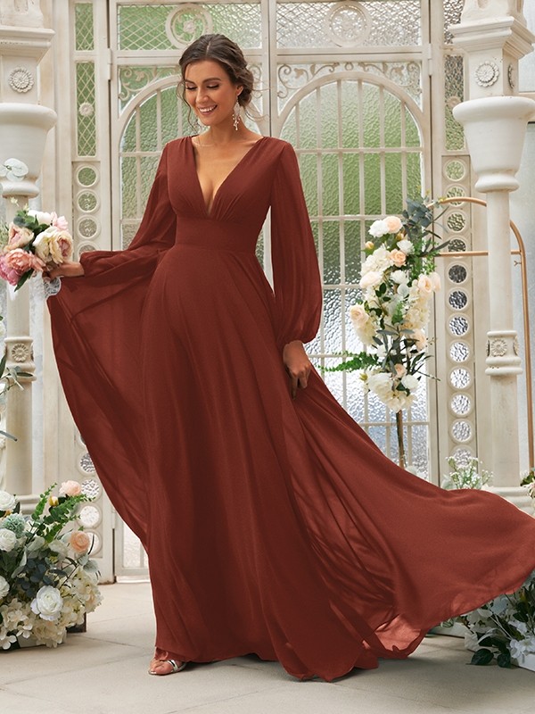 A-Line/Princess Chiffon Ruffles V-neck Long Sleeves Sweep/Brush Train Bridesmaid Dresses 2219