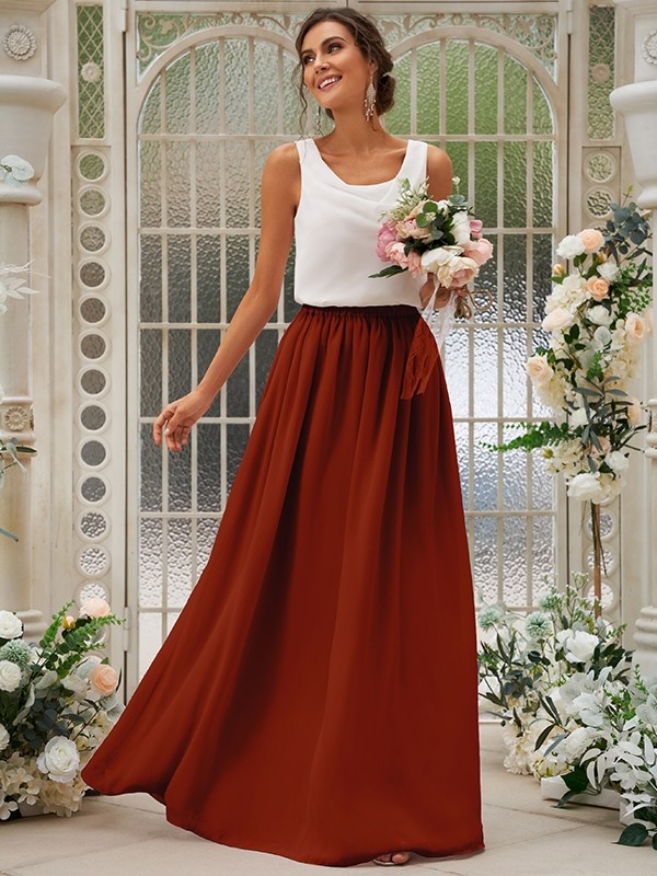 A-Line/Princess Chiffon Ruffles Scoop Sleeveless Floor-Length Two Piece Bridesmaid Dresses 2210