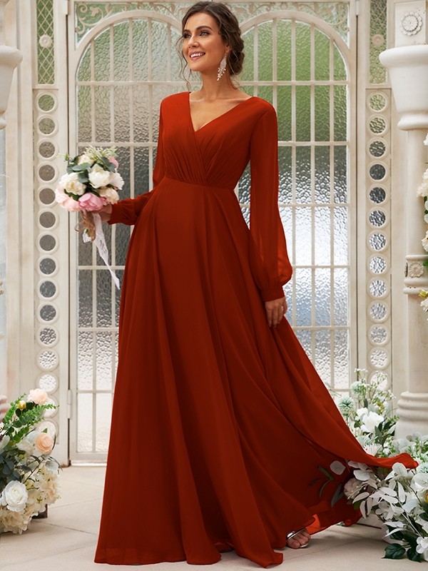 A-Line/Princess Chiffon Ruched V-neck Long Sleeves Floor-Length Bridesmaid Dresses 2169