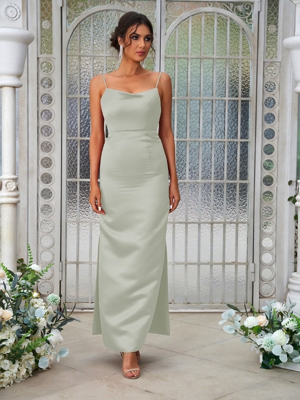 Sheath/Column Satin Ruched Spaghetti Straps Sleeveless Ankle-Length Bridesmaid Dresses 3025