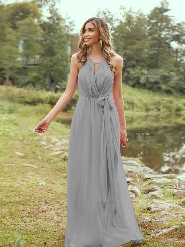 A-Line/Princess Chiffon Ruffles Halter Sleeveless Sweep/Brush Train Bridesmaid Dresses 2196