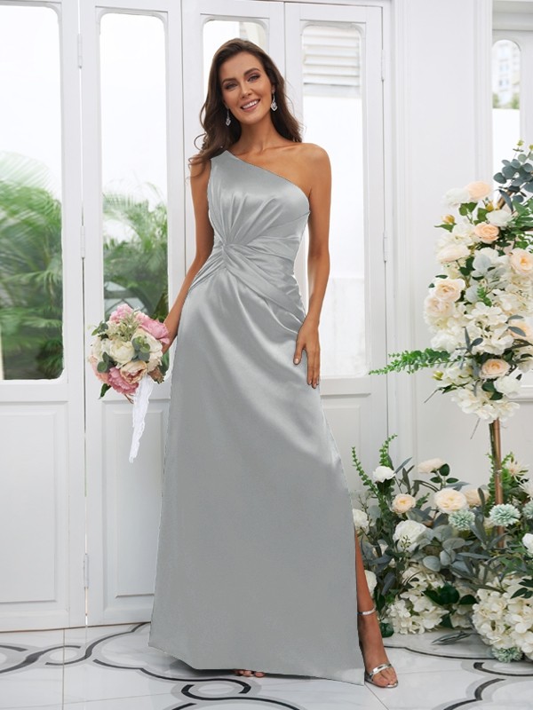 Sheath/Column Elastic Woven Satin Ruched One-Shoulder Sleeveless Floor-Length Bridesmaid Dresses 2922