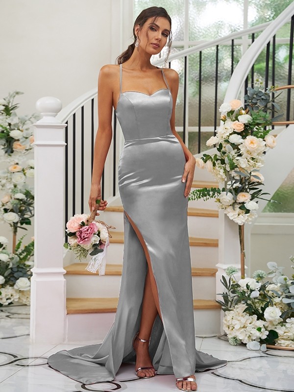 Sheath/Column Elastic Woven Satin Ruched Square Sleeveless Sweep/Brush Train Bridesmaid Dresses 2932