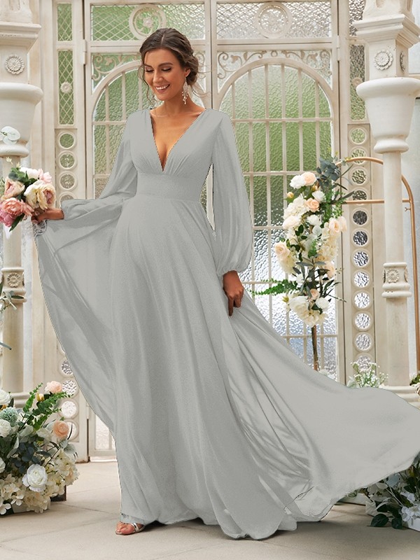 A-Line/Princess Chiffon Ruffles V-neck Long Sleeves Sweep/Brush Train Bridesmaid Dresses 2219