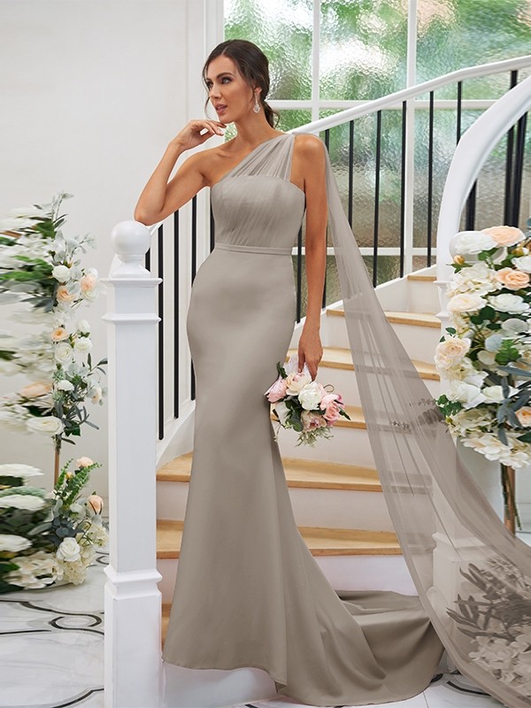 Sheath/Column Stretch Crepe Ruched One-Shoulder Sleeveless Sweep/Brush Train Bridesmaid Dresses 3168