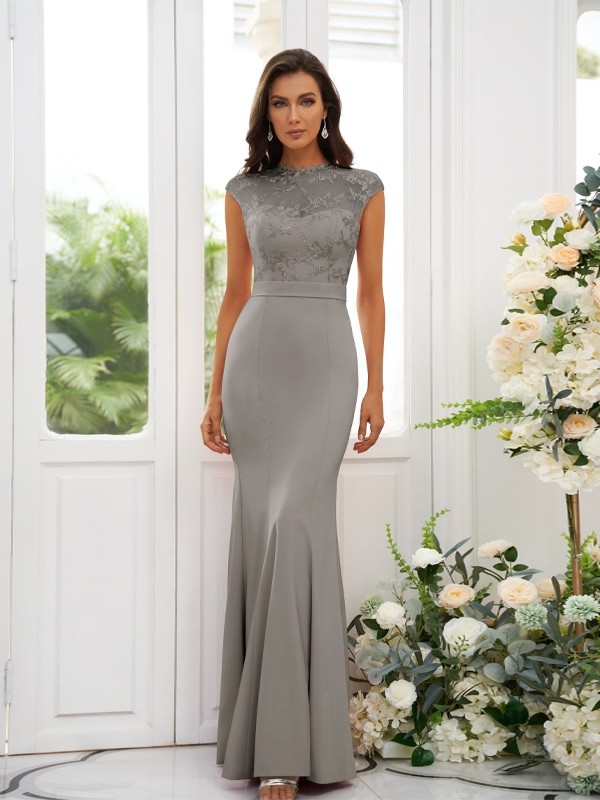 Trumpet/Mermaid Stretch Crepe Applique High Neck Sleeveless Floor-Length Bridesmaid Dresses 3243