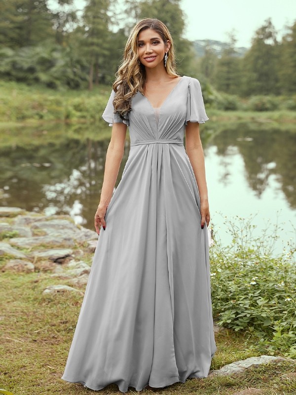 A-Line/Princess Chiffon Ruffles V-neck Short Sleeves Floor-Length Bridesmaid Dresses 2223