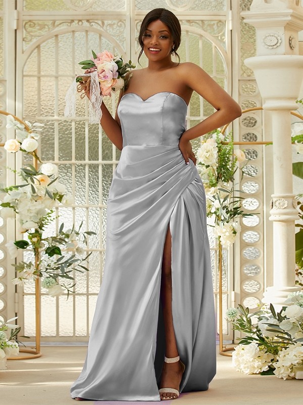 Sheath/Column Silk like Satin Ruched Sweetheart Sleeveless Sweep/Brush Train Bridesmaid Dresses 3079