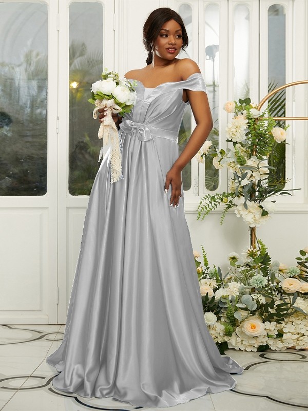 A-Line/Princess Silk like Satin Ruffles Off-the-Shoulder Sleeveless Sweep/Brush Train Bridesmaid Dresses 2482