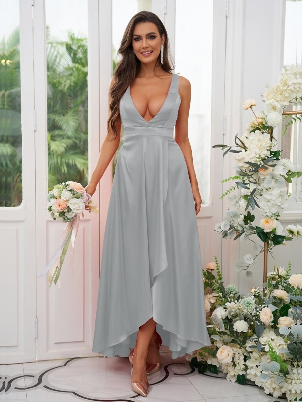 A-Line/Princess Silk like Satin Ruffles V-neck Sleeveless Ankle-Length Bridesmaid Dresses 2489