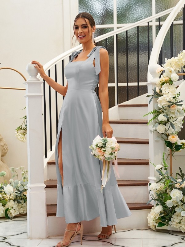 A-Line/Princess Silk like Satin Ruffles Straps Sleeveless Ankle-Length Bridesmaid Dresses 2486