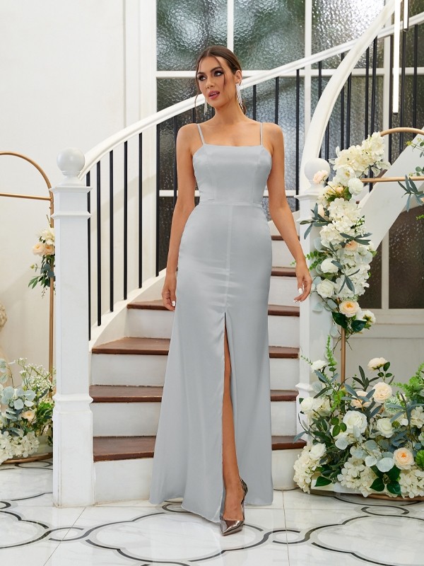 A-Line/Princess Silk like Satin Ruffles Spaghetti Straps Sleeveless Floor-Length Bridesmaid Dresses 2484