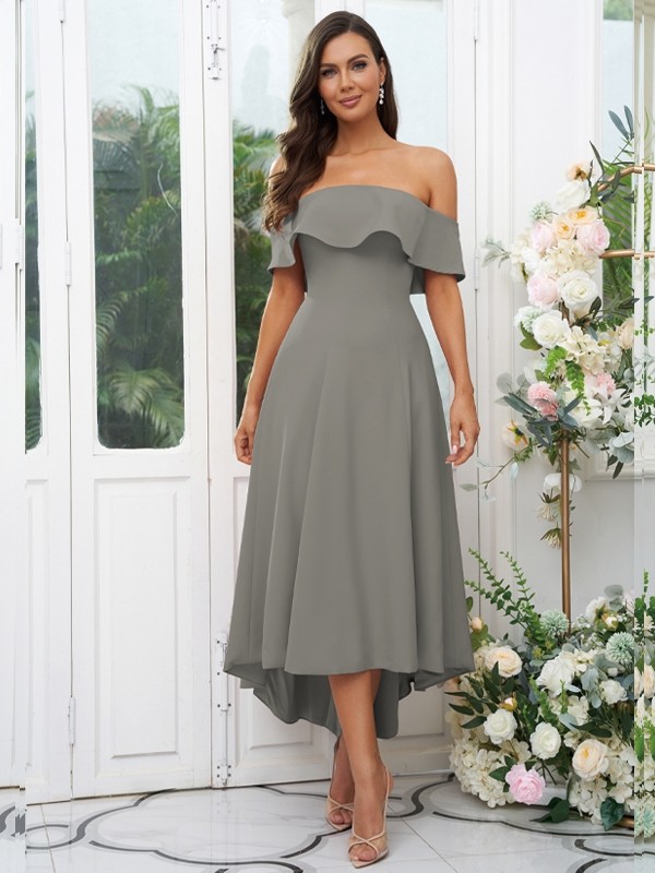 A-Line/Princess Stretch Crepe Ruffles Off-the-Shoulder Sleeveless Asymmetrical Bridesmaid Dresses 2662