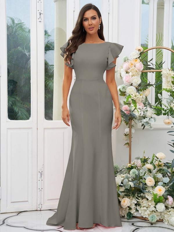 Sheath/Column Stretch Crepe Ruffles Scoop Short Sleeves Sweep/Brush Train Bridesmaid Dresses 3193