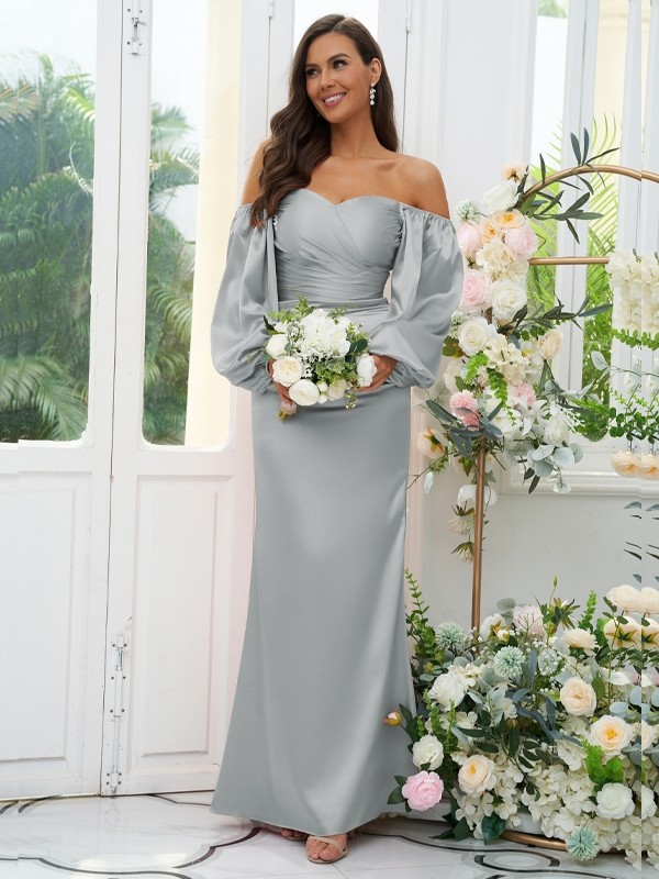 Sheath/Column Silk like Satin Ruched Off-the-Shoulder Long Sleeves Floor-Length Bridesmaid Dresses 3054