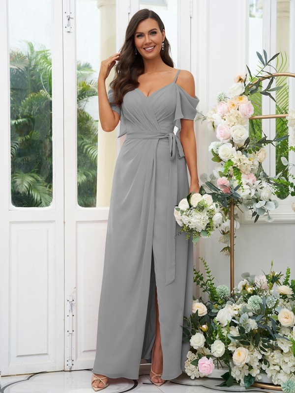 A-Line/Princess Chiffon Ruched V-neck Short Sleeves Floor-Length Bridesmaid Dresses 2171