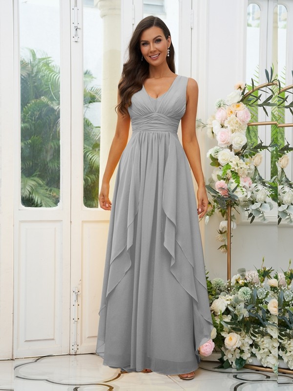 A-Line/Princess Chiffon Ruffles V-neck Sleeveless Floor-Length Bridesmaid Dresses 2240