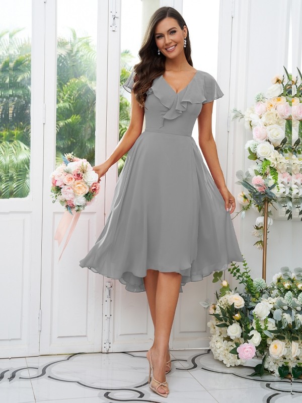 A-Line/Princess Chiffon Ruffles V-neck Short Sleeves Asymmetrical Bridesmaid Dresses 2221