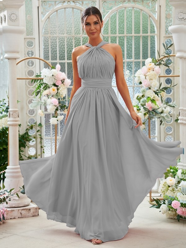 A-Line/Princess Chiffon Ruched Halter Sleeveless Floor-Length Bridesmaid Dresses 2154