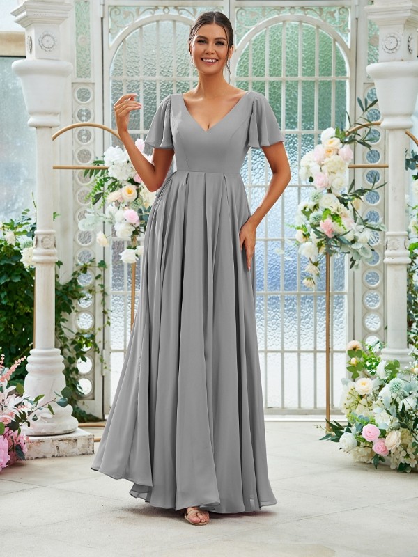 A-Line/Princess Chiffon Ruffles V-neck Short Sleeves Floor-Length Bridesmaid Dresses 2226