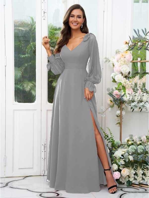 A-Line/Princess Chiffon Bowknot V-neck Long Sleeves Floor-Length Bridesmaid Dresses 2136