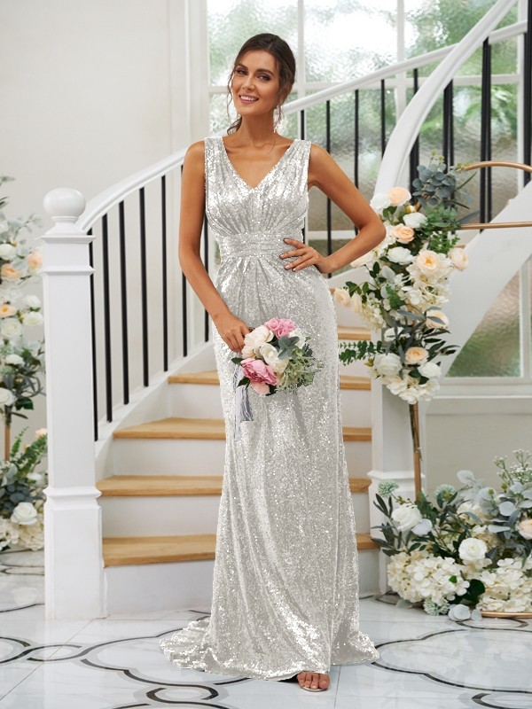 Sheath/Column Sequins Ruched V-neck Sleeveless Sweep/Brush Train Bridesmaid Dresses 3048