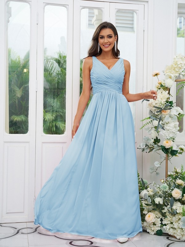 A-Line/Princess Chiffon Ruffles V-neck Sleeveless Floor-Length Bridesmaid Dresses 2236