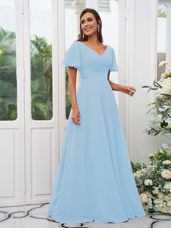 A-Line/Princess Chiffon Ruched V-neck Short Sleeves Sweep/Brush Train Bridesmaid Dresses 2174