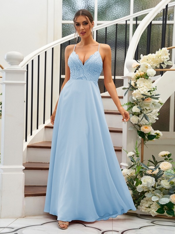 A-Line/Princess Chiffon Lace V-neck Sleeveless Floor-Length Bridesmaid Dresses 2153