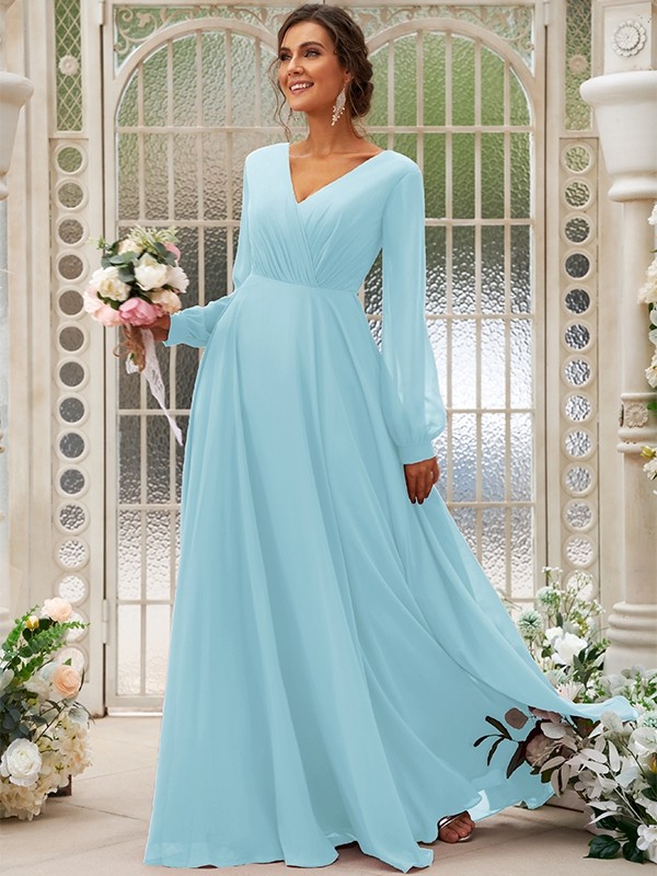 A-Line/Princess Chiffon Ruched V-neck Long Sleeves Floor-Length Bridesmaid Dresses 2169