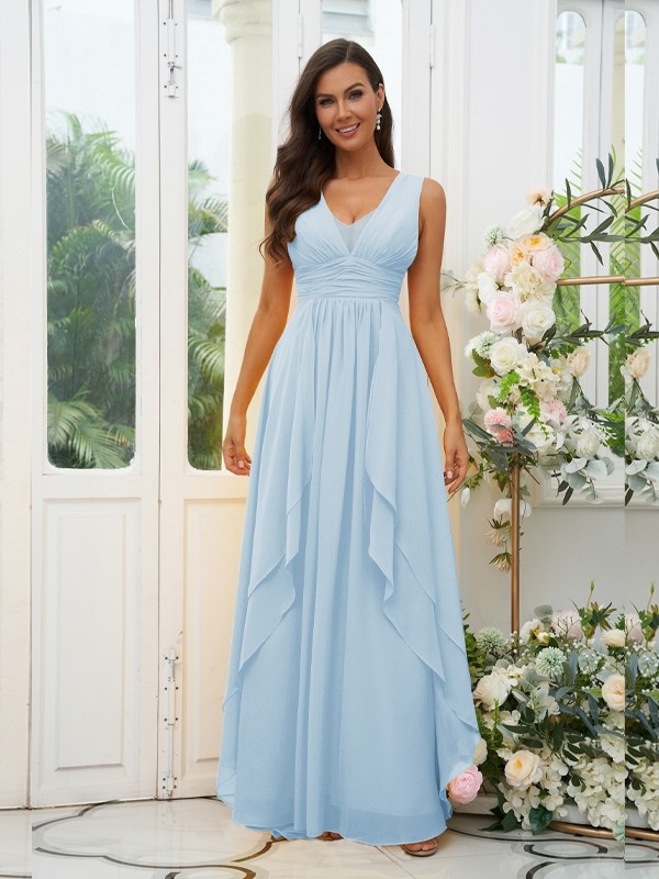 A-Line/Princess Chiffon Ruffles V-neck Sleeveless Floor-Length Bridesmaid Dresses 2240