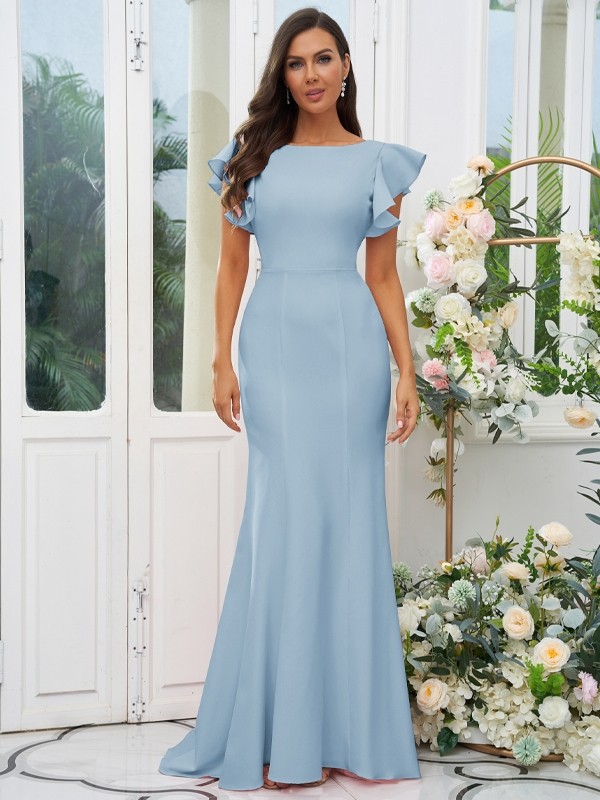 Sheath/Column Stretch Crepe Ruffles Scoop Short Sleeves Sweep/Brush Train Bridesmaid Dresses 3193