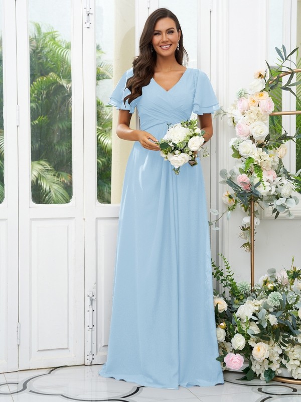 A-Line/Princess Chiffon Ruffles V-neck Short Sleeves Floor-Length Bridesmaid Dresses 2225