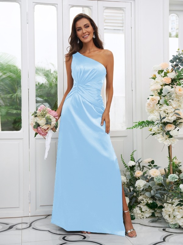 Sheath/Column Elastic Woven Satin Ruched One-Shoulder Sleeveless Floor-Length Bridesmaid Dresses 2922