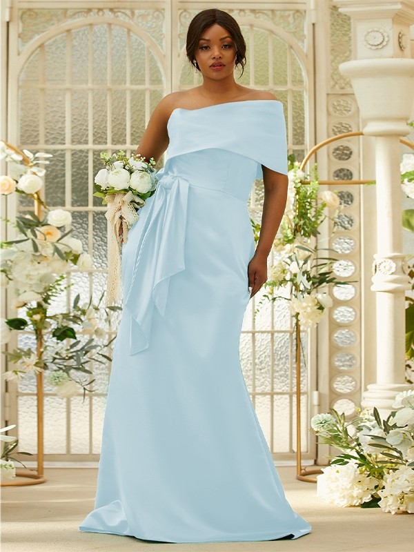 Sheath/Column Satin Ruched One-Shoulder Sleeveless Sweep/Brush Train Bridesmaid Dresses 3022