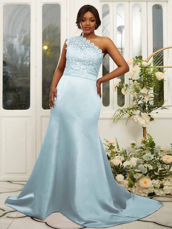 Sheath/Column Satin Lace One-Shoulder Sleeveless Sweep/Brush Train Bridesmaid Dresses 3017