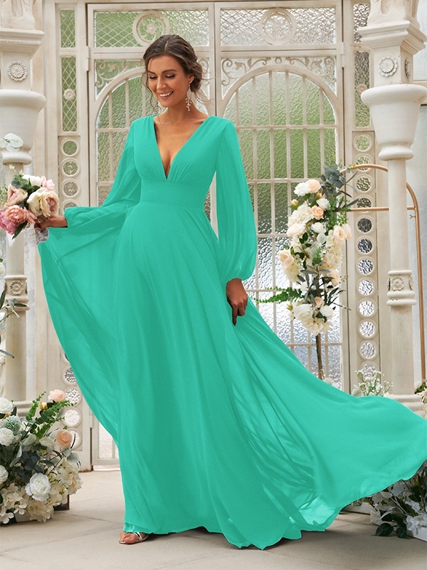 A-Line/Princess Chiffon Ruffles V-neck Long Sleeves Sweep/Brush Train Bridesmaid Dresses 2219