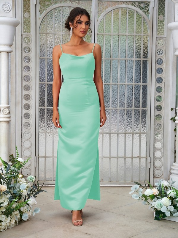 Sheath/Column Satin Ruched Spaghetti Straps Sleeveless Ankle-Length Bridesmaid Dresses 3025