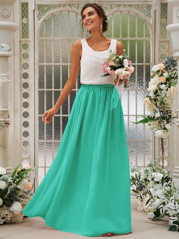 A-Line/Princess Chiffon Ruffles Scoop Sleeveless Floor-Length Two Piece Bridesmaid Dresses 2210