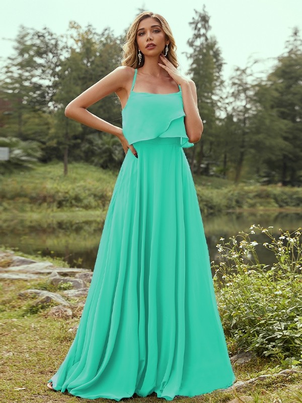 A-Line/Princess Chiffon Ruffles Spaghetti Straps Sleeveless Floor-Length Bridesmaid Dresses 2213