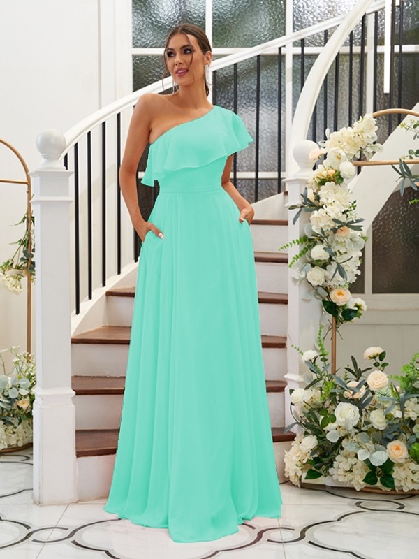 A-Line/Princess Chiffon Ruffles One-Shoulder Sleeveless Floor-Length Bridesmaid Dresses 2205