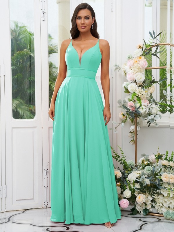 A-Line/Princess Chiffon Ruffles V-neck Sleeveless Floor-Length Bridesmaid Dresses 2239