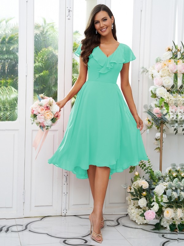 A-Line/Princess Chiffon Ruffles V-neck Short Sleeves Asymmetrical Bridesmaid Dresses 2221